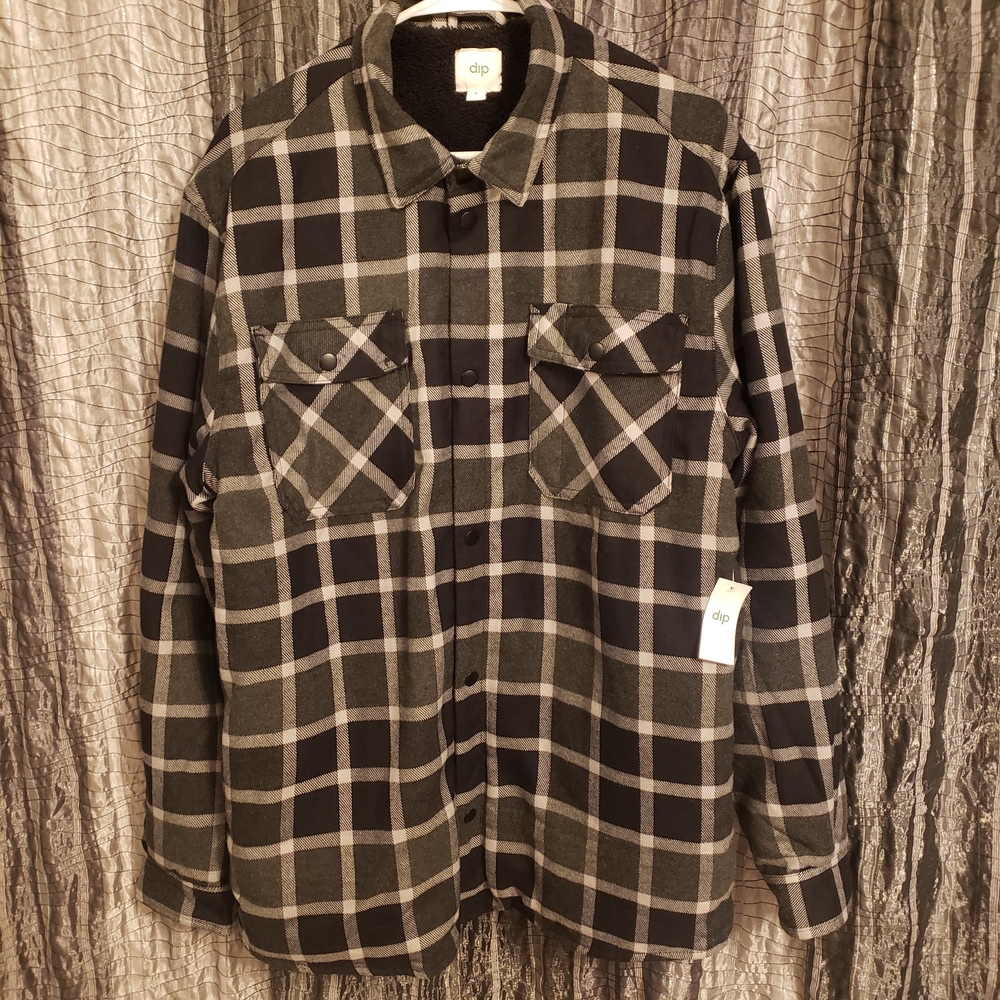 Dip Black and Gray Checkered Faux Sherpa Lined Flannel Jacket